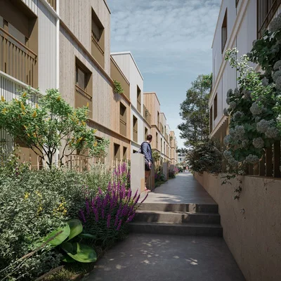 Human-scale residential lane with planting and shared space